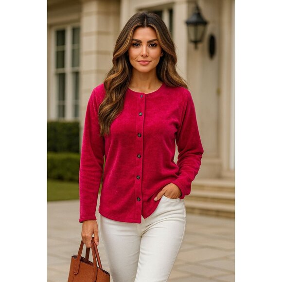 Cherokee Large Red Velour Button Front Long Sleeve Cardigan Top City Chic Casual - Picture 1 of 8